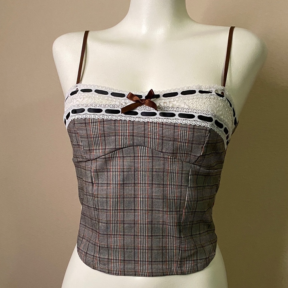 MOA MOA Plaid Bustier corset Lace Trim ribbon straps top M 🖤